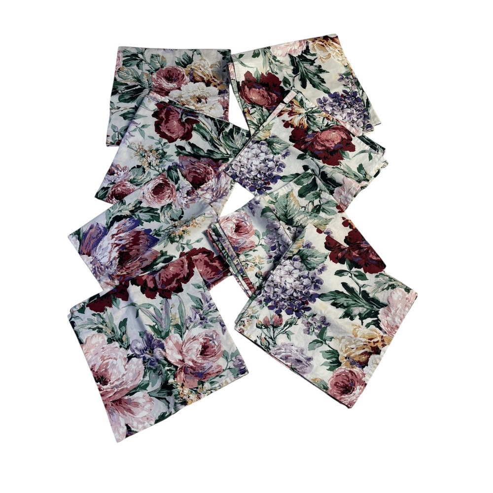 Vintage Floral Cloth Napkins Set of 8 Exclusive Screen Print Burgundy Cream 17"
